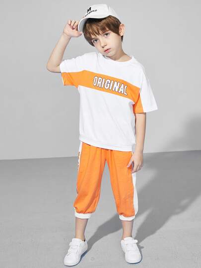 Boys Letter Graphic Drop Shoulder Tee & Contrast Side Seam Sweatpants