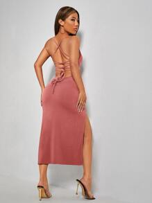 SHEIN PETITE 露背繫帶高衩吊帶連衣裙 - 藕粉色 - 查看 2