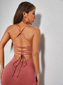 SHEIN PETITE 露背繫帶高衩吊帶連衣裙 - 藕粉色 - 查看 3