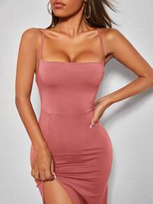 SHEIN PETITE 露背繫帶高衩吊帶連衣裙 - 藕粉色 - 查看 5