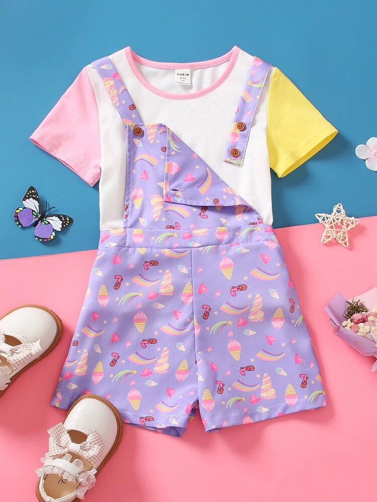 SHEIN Toddler Girls Rainbow Print Tee & Overall Romper - Multicolor - View 1