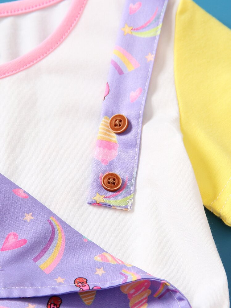 SHEIN Toddler Girls Rainbow Print Tee & Overall Romper - Multicolor - View 4