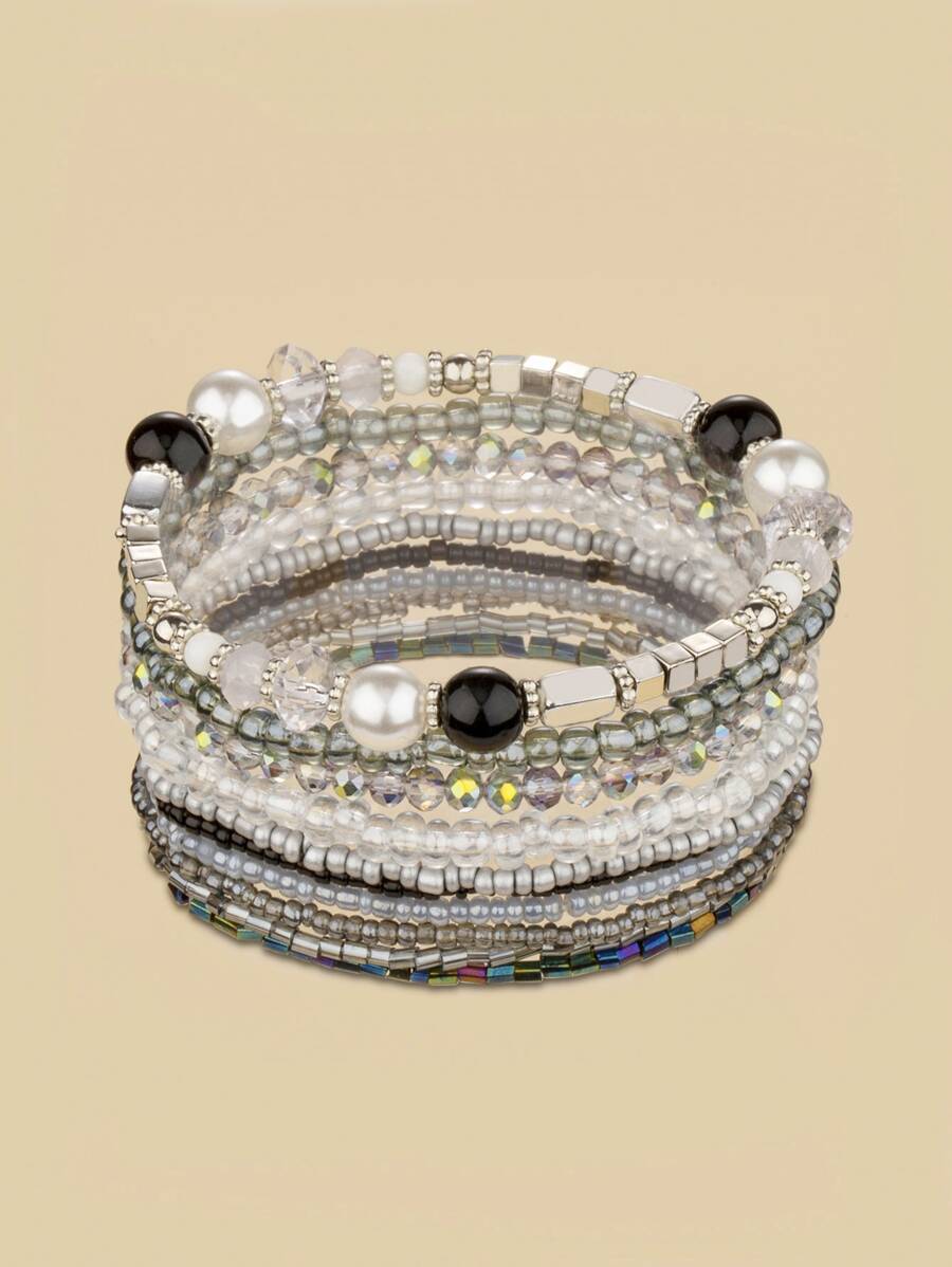 10pcs/set Faux Pearl Decor Beaded Bracelet - Multicolor - View 1