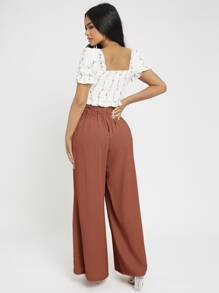 SHEIN PETITE 紙袋腰前繫帶闊腿褲 - 紅木色 - 查看 2