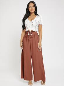 SHEIN PETITE 紙袋腰前繫帶闊腿褲 - 紅木色 - 查看 4