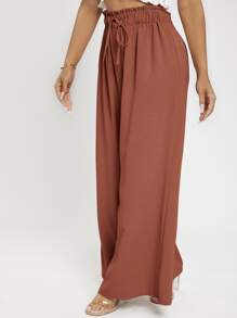 SHEIN PETITE 紙袋腰前繫帶闊腿褲 - 紅木色 - 查看 5