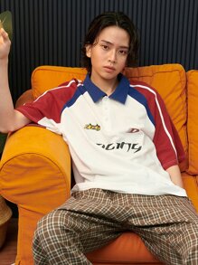 DAZY Men Letter Graphic Contrast Raglan Sleeve Polo Shirt - White - View 1