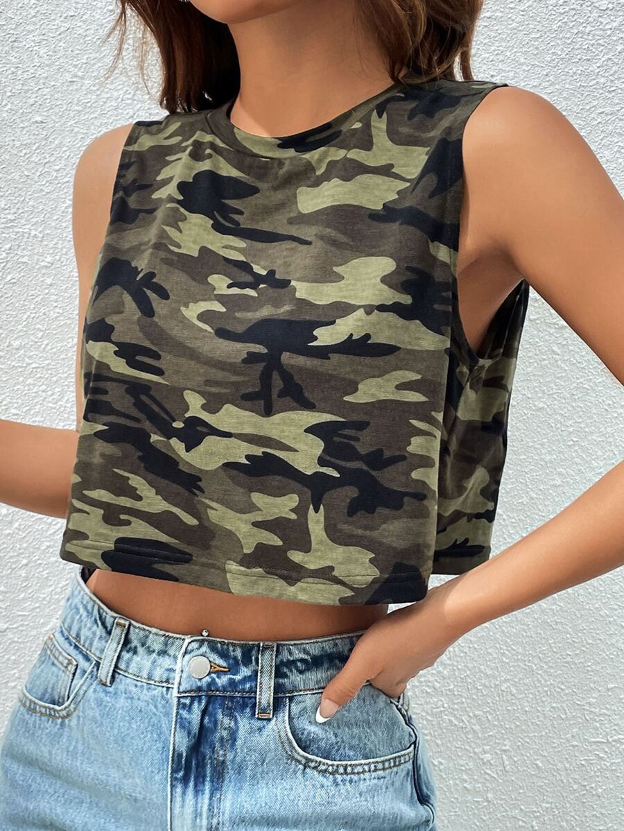 SHEIN EZwear 戶外運動風迷彩印花短款背心 - 彩色 - 查看 1