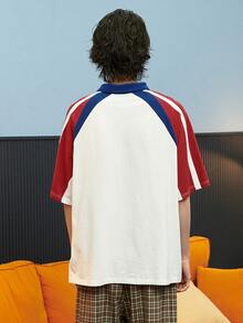 DAZY Men Letter Graphic Contrast Raglan Sleeve Polo Shirt - White - View 2