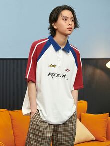 DAZY Men Letter Graphic Contrast Raglan Sleeve Polo Shirt - White - View 4