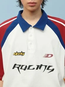 DAZY Men Letter Graphic Contrast Raglan Sleeve Polo Shirt - White - View 5