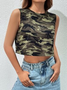 SHEIN EZwear 戶外運動風迷彩印花短款背心 - 彩色 - 查看 4