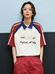 DAZY Men Letter Graphic Contrast Raglan Sleeve Polo Shirt - White - View 6