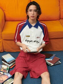 DAZY Men Letter Graphic Contrast Raglan Sleeve Polo Shirt - White - View 7