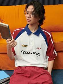 DAZY Men Letter Graphic Contrast Raglan Sleeve Polo Shirt - White - View 8