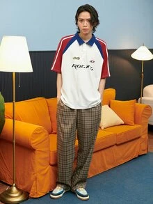 DAZY Men Letter Graphic Contrast Raglan Sleeve Polo Shirt - White - View 10