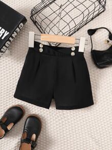 Toddler Girls Button Detail Fold Pleated Detail Shorts - Black - View 1