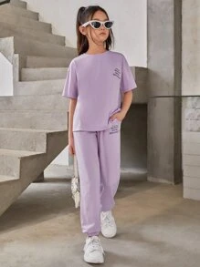 SHEIN Leap Crew Girls Slogan Graphic Drop Shoulder Tee & Joggers - Lilac Purple - View 1