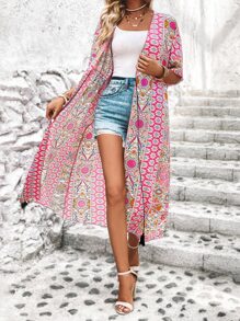 SHEIN Swim Allover Print Batwing Sleeve Kimono Summer - Multicolor - View 7