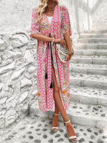 SHEIN Swim Allover Print Batwing Sleeve Kimono Summer - Multicolor - View 4