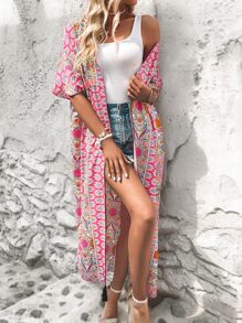 SHEIN Swim Allover Print Batwing Sleeve Kimono Summer - Multicolor - View 5