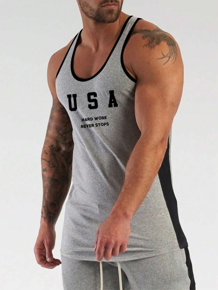 Men Letter Graphic Contrast Binding Sports Tank Top - Grey - View 1
