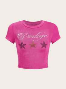 SHEIN ICON Rhinestone Letter & Star Pattern Crop Tee - Hot Pink - View 1