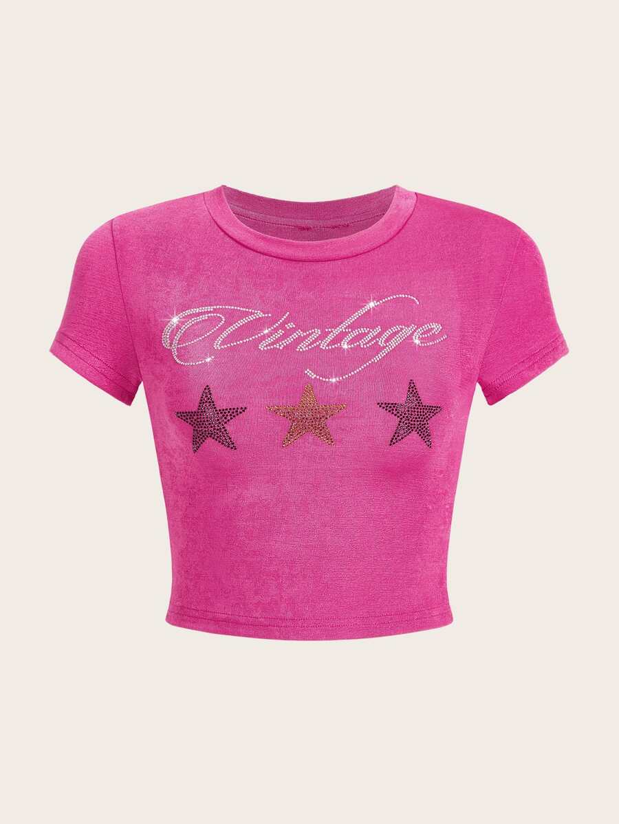 SHEIN ICON Rhinestone Letter & Star Pattern Crop Tee - Hot Pink - View 1