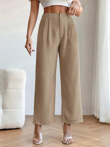 SHEIN PETITE Quần kaki ống đứng cạp cao xếp ly chi tiết - Màu Khaki - Xem 3