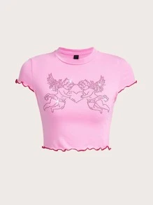 SHEIN ICON Angel Print Lettuce Trim Crop Tee - Baby Pink - View 1