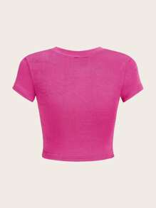 SHEIN ICON Rhinestone Letter & Star Pattern Crop Tee - Hot Pink - View 2