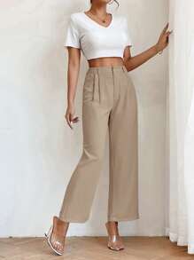 SHEIN PETITE Quần kaki ống đứng cạp cao xếp ly chi tiết - Màu Khaki - Xem 4