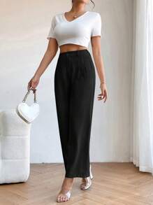 SHEIN PETITE 高腰褶饰直筒黑色裤子 - 黑色 - 查看 5