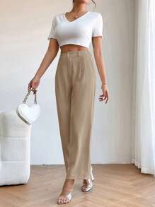 SHEIN PETITE Quần kaki ống đứng cạp cao xếp ly chi tiết - Màu Khaki - Xem 5