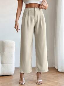 SHEIN PETITE High Waist Plicated Detail Straight Leg Trousers - Apricot - View 3