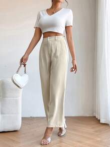 SHEIN PETITE High Waist Plicated Detail Straight Leg Trousers - Apricot - View 5