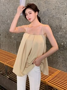 DAZY Solid Fold Pleated Cami Top - Khaki - View 1