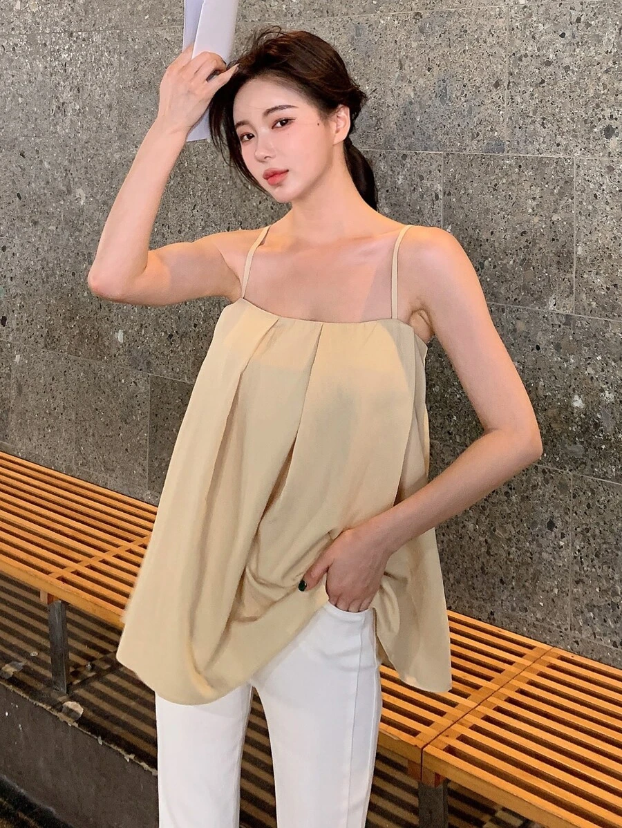 DAZY Solid Fold Pleated Cami Top - Khaki - View 1