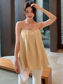 DAZY Solid Fold Pleated Cami Top - Khaki - View 3