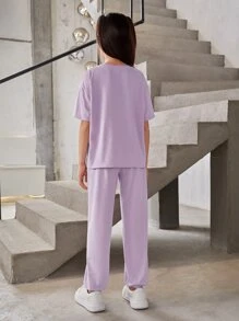 SHEIN Leap Crew Girls Slogan Graphic Drop Shoulder Tee & Joggers - Lilac Purple - View 2