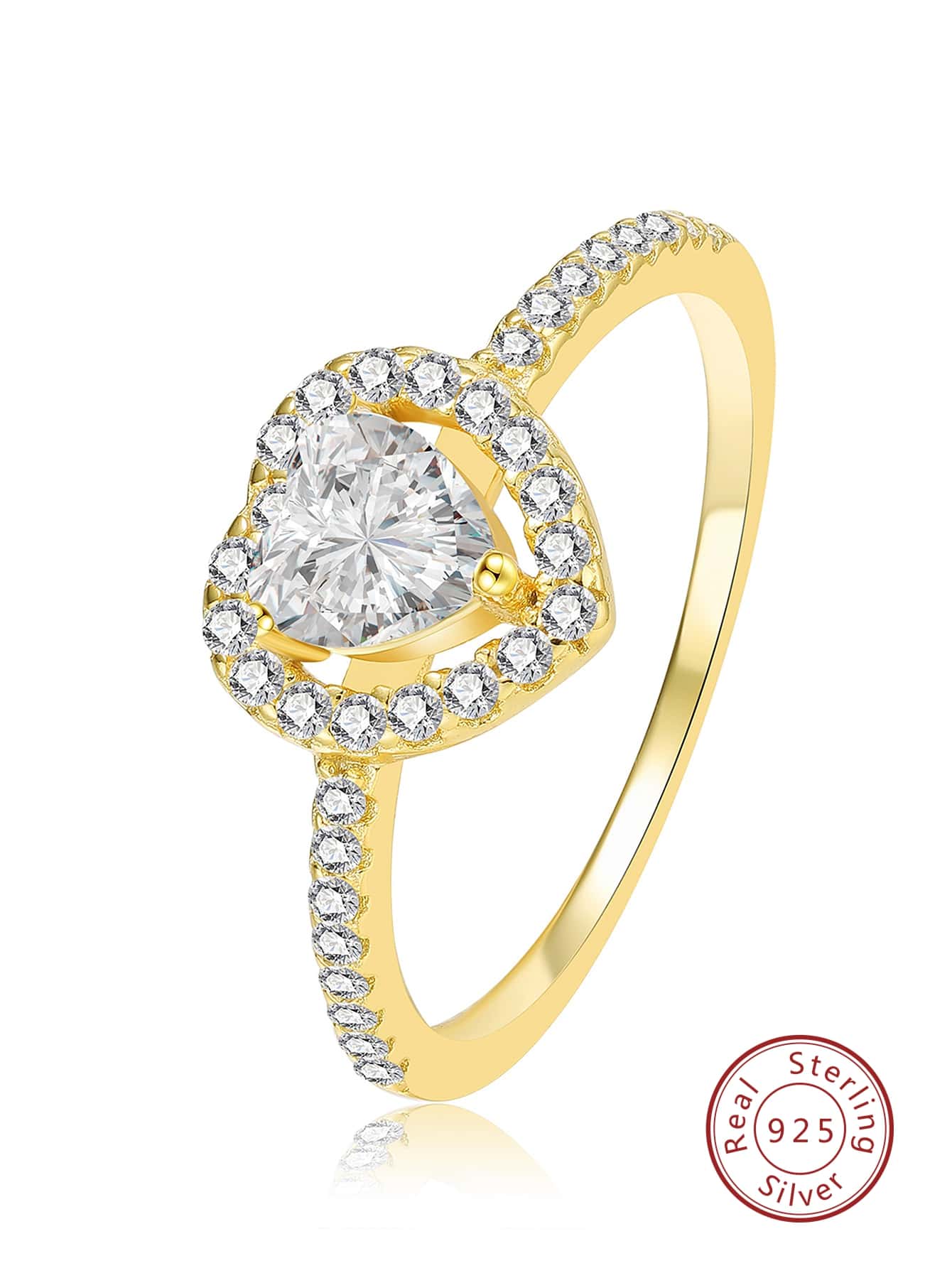 1入組魅力四射銀方晶鋯石愛心裝飾婚戒適合女士適用於約會禮物 - 金黃色 - 查看 1