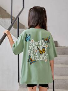 SHEIN Tween女孩寬鬆版蝴蝶&字母印花休閒下垂肩T恤 - 薄荷綠 - 查看 2
