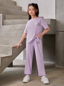 SHEIN Leap Crew Girls Slogan Graphic Drop Shoulder Tee & Joggers - Lilac Purple - View 3