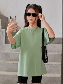 SHEIN Tween女孩寬鬆版蝴蝶&字母印花休閒下垂肩T恤 - 薄荷綠 - 查看 4