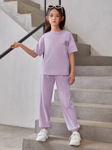 SHEIN Leap Crew Girls Slogan Graphic Drop Shoulder Tee & Joggers - Lilac Purple - View 4
