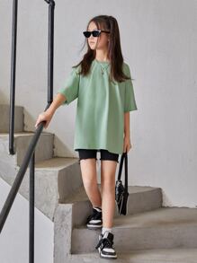 SHEIN Tween女孩寬鬆版蝴蝶&字母印花休閒下垂肩T恤 - 薄荷綠 - 查看 5