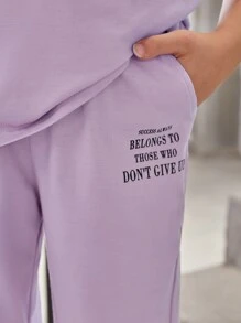 SHEIN Leap Crew Girls Slogan Graphic Drop Shoulder Tee & Joggers - Lilac Purple - View 5