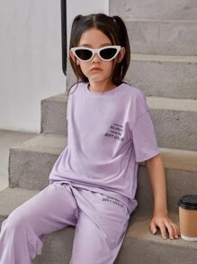 SHEIN Leap Crew Girls Slogan Graphic Drop Shoulder Tee & Joggers - Lilac Purple - View 6