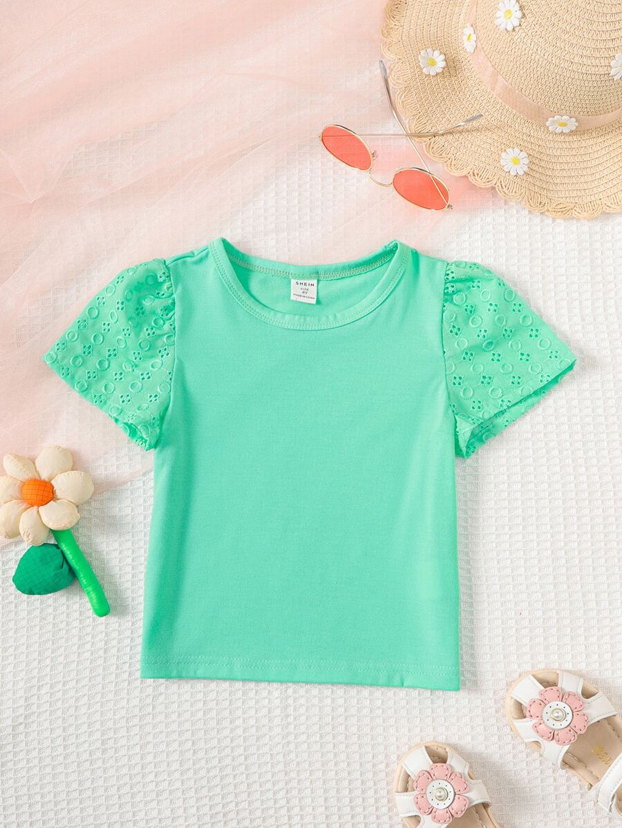 Toddler Girls Eyelet Embroidery Puff Sleeve Tee - Green - View 1