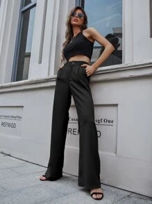 Pariaura 素色斜口袋闊腿西裝褲 - 黑色 - 查看 6